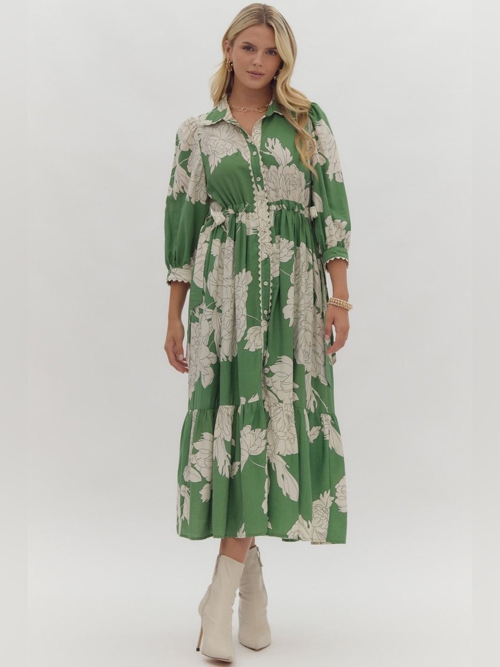 Entro Green White Floral Peony Gardenia Print Midi Dress Ric Rack Trim, S. NWOT